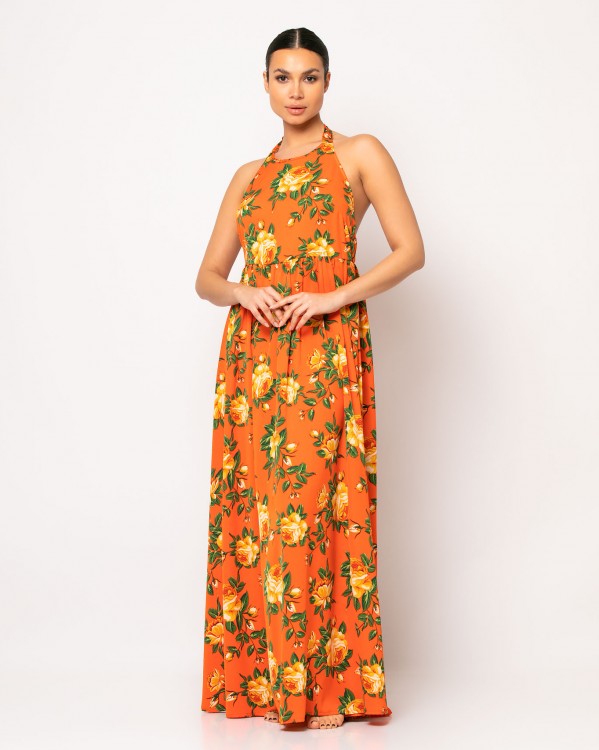 Φόρεμα maxi εξώπλατο Πορτοκαλί τριαντάφυλλα 