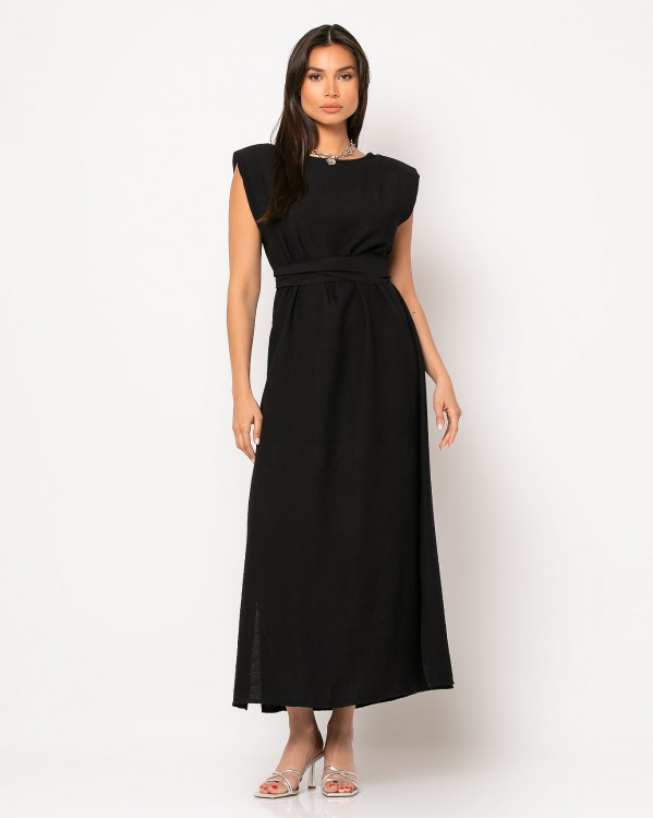 Φόρεμα 3/4 αμάνικο με βάτες και άνοιγμα στο πλάι Μαύρο 