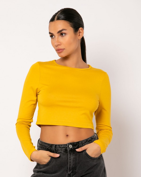 Μπλούζα μακρυμάνικη crop top Μουσταρδί