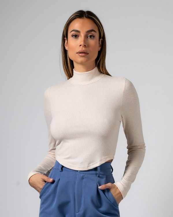 Μπλούζα Crop top μακρυμάνικη ζιβάγκο ριπ Cream