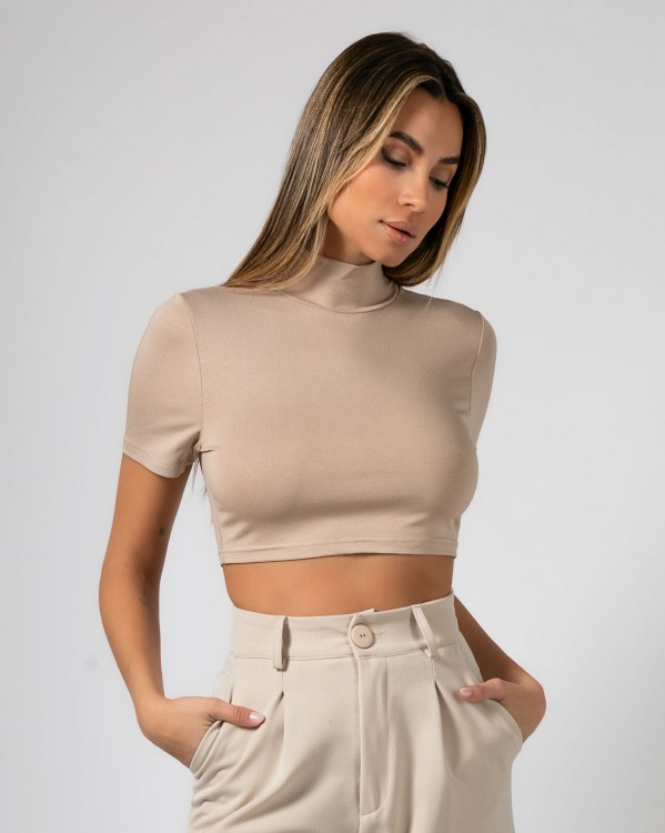 Μπλούζα Crop top κοντομάνικη με κλειστή λαιμόκοψη Μπεζ