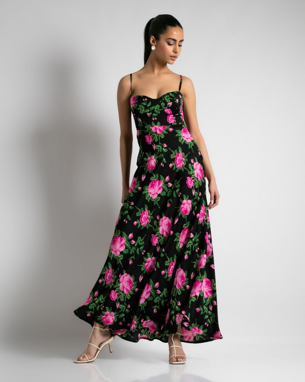 Φόρεμα maxi με cups και λεπτή ράντα Μαύρο - Ροζ φλοράλ  