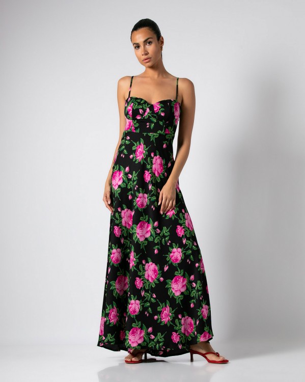 Φόρεμα maxi με cups και λεπτή ράντα Μαύρο - Ροζ φλοράλ  