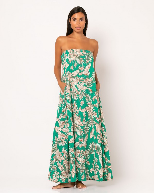 Φόρεμα maxi στράπλες εμπριμέ με τσέπες Πράσινο φύλλα