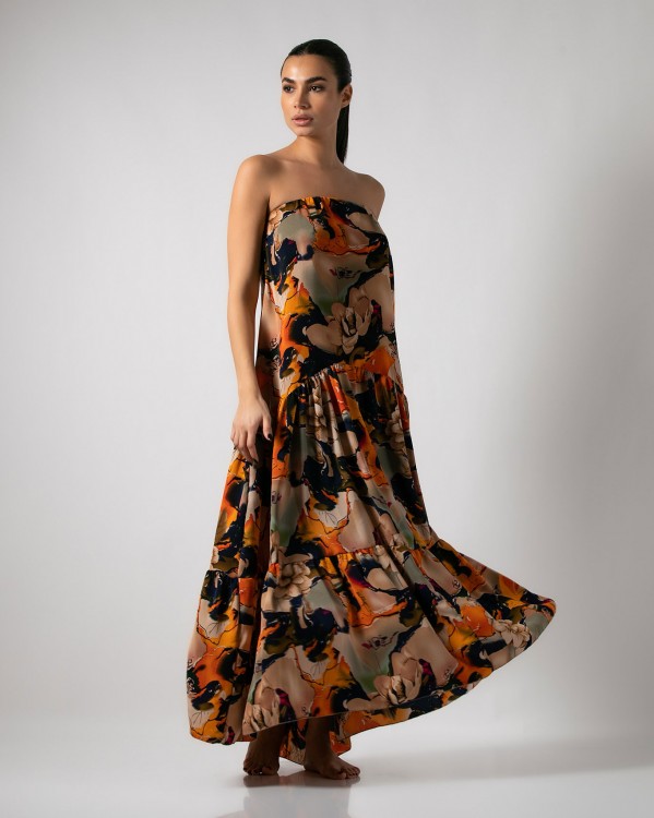 Φόρεμα Maxi στράπλες εμπριμέ με διπλό βολάν Μπεζ - Πορτοκαλί φλοράλ 