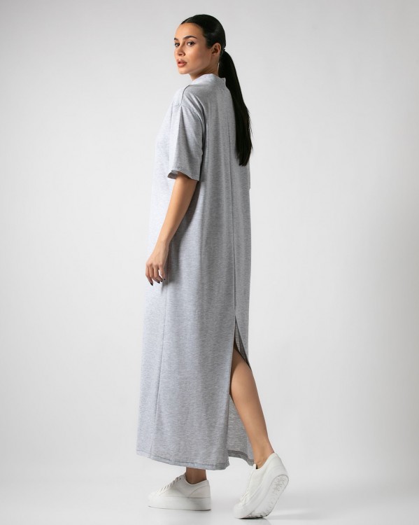 Φόρεμα maxi βαμβακερό κοντομάνικο με ριπ λουπέτο Γκρι μελανζέ light
