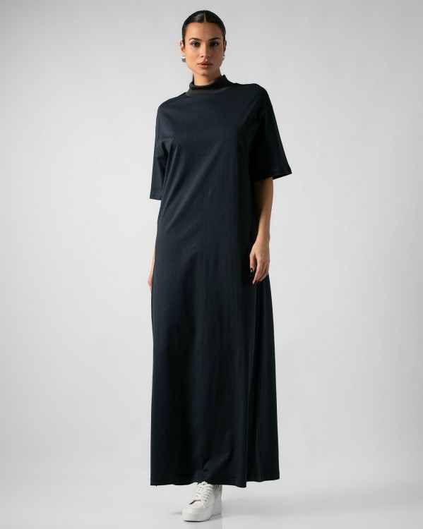 Φόρεμα maxi βαμβακερό κοντομάνικο με ριπ λουπέτο Ανθρακί 