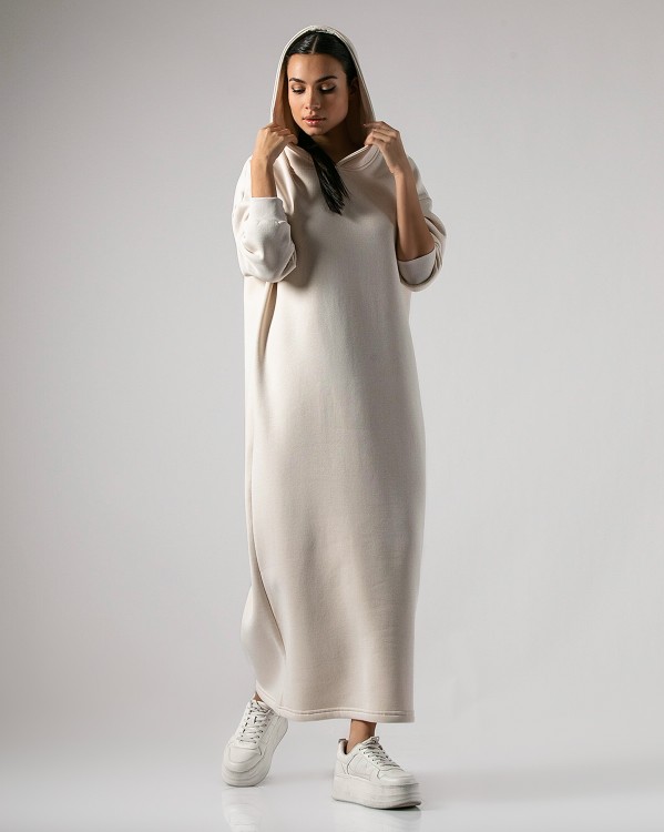 Φόρεμα φούτερ χνούδι maxi μακρυμάνικο με κουκούλα Cream