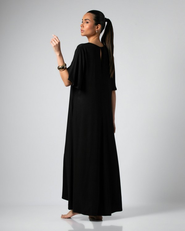 Φόρεμα maxi κοντομάνικο με "V" και ζώνη Μαύρο 