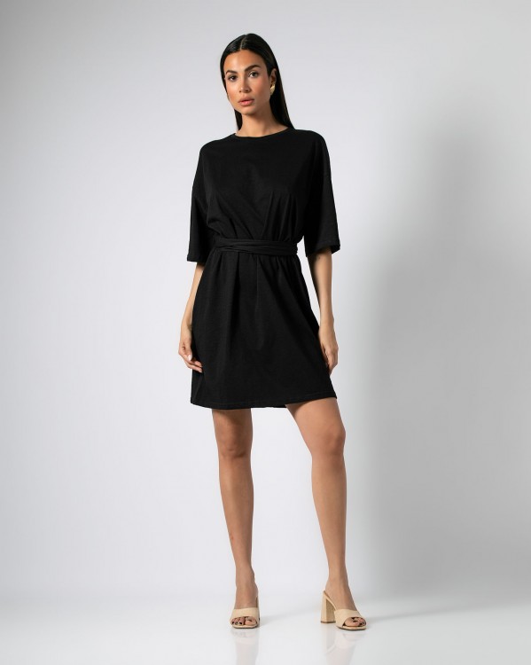 Φόρεμα midi Κοντομάνικο με ζώνη βαμβακερό Μαύρο 