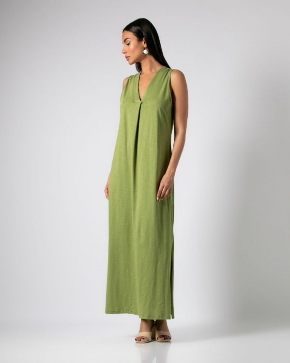 Φόρεμα maxi αμάνικο "V" με κουφόπιετα και άνοιγμα στο πλάι Olive 