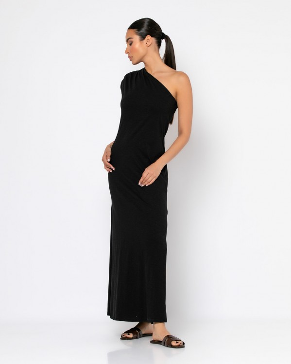 Φόρεμα maxi κοντομάνικο με ένα μανίκι και άνοιγμα στο πλάι Μαύρο 