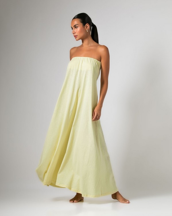 Φόρεμα maxi στράπλες βαμβακερό σε "A" γραμμή Κίτρινο