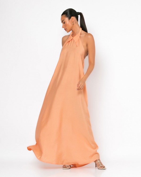 Φόρεμα maxi αμάνικο με γιακά Apricot