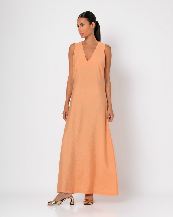 Φόρεμα maxi αμάνικο με "V" και μικρό άνοιγμα στην πλάτη Apricot