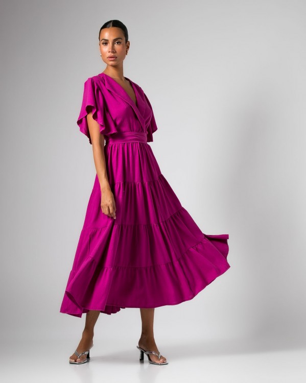 Φόρεμα maxi κοντομάνικο με πέτο, βολάν και ζώνη Βιολετί 