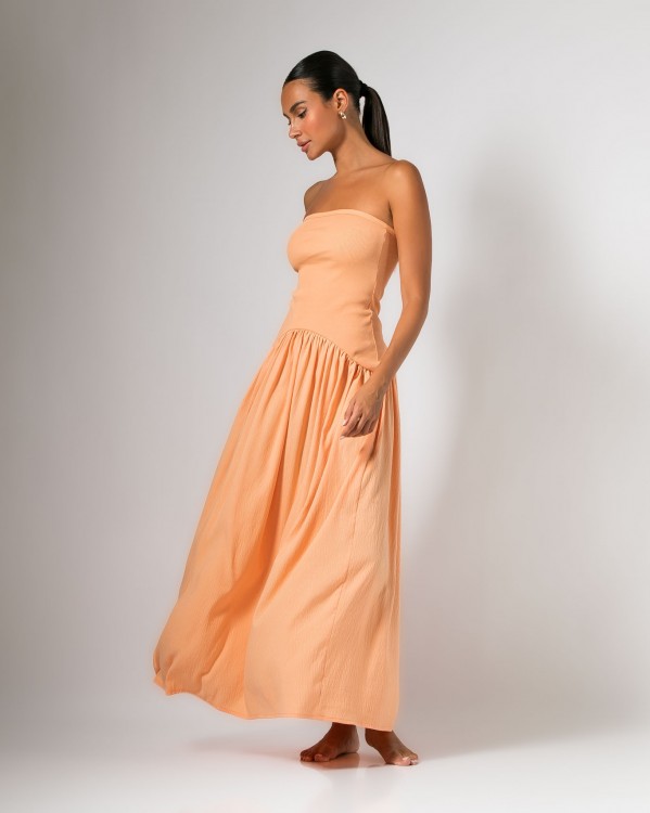 Φόρεμα maxi στράπλες με ριπ μπούστο Apricot  