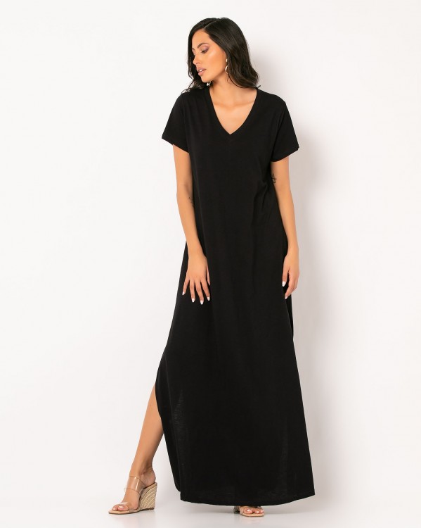 Φόρεμα maxi V με άνοιγμα στο πλάι Μαύρο